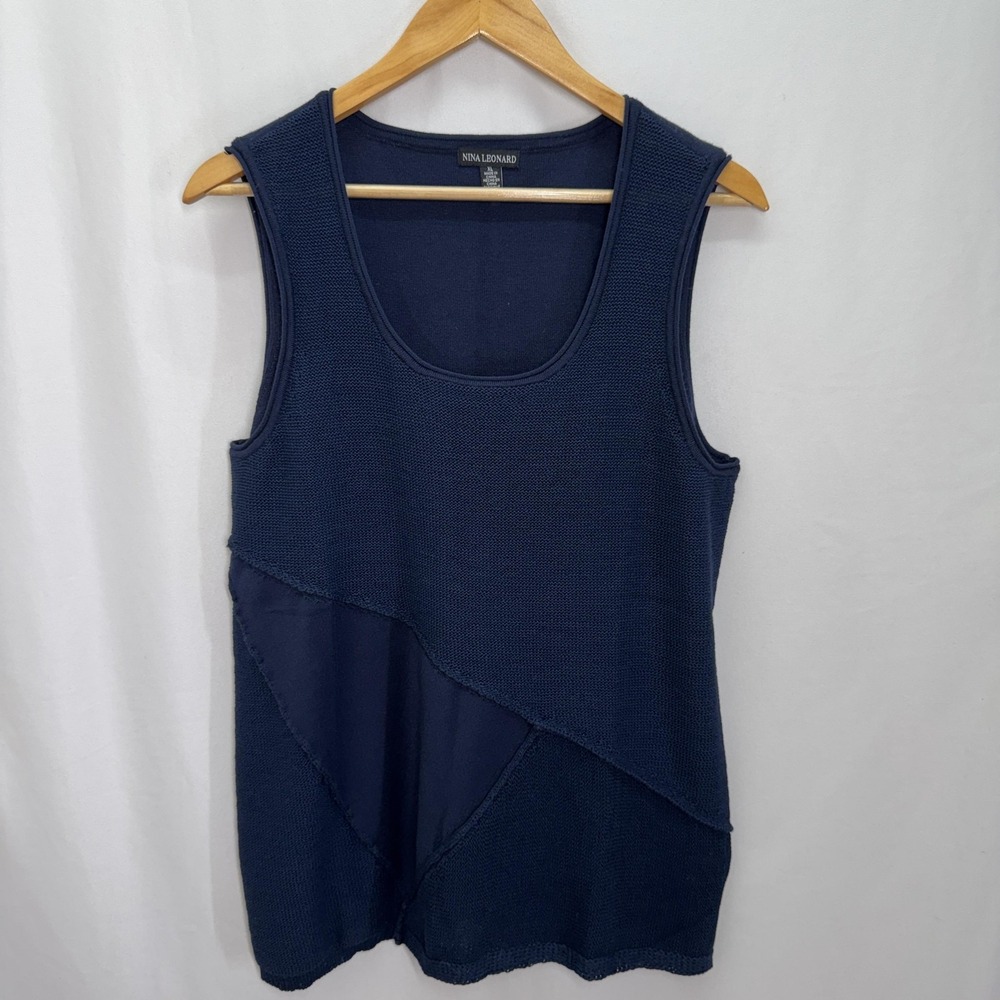 Nina Leonard Womens Knit Tank Top XL Navy Blue Asymmetricalβ Mixed Media Modern